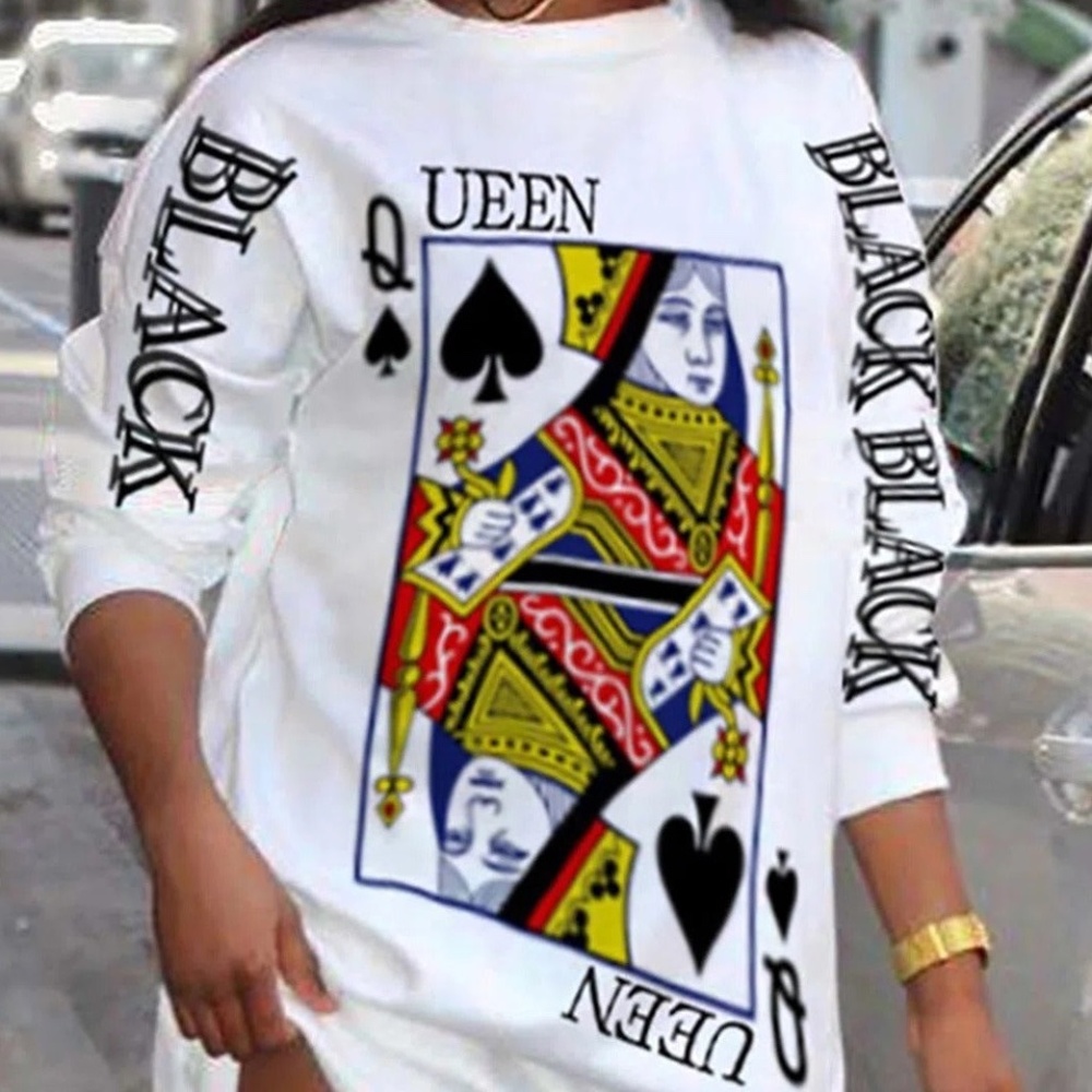 Playing Card Queen Print Long Sleeves Shirt Dress